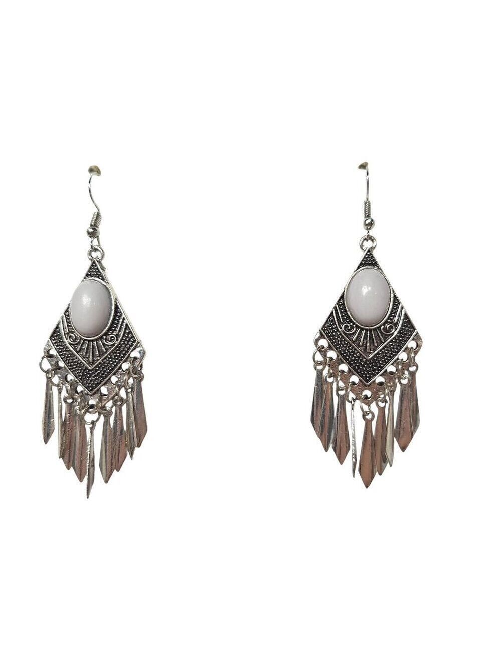 Bohemian Silver Dangle Earrings White Stone Tribal